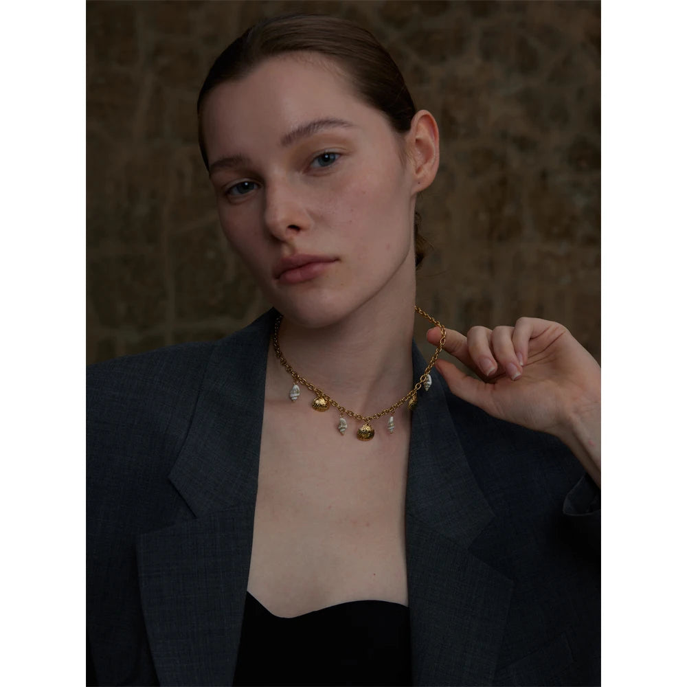 Yhpup Natural Shell 18k Gold Pvd Plated Charm Pendant Handmade Necklace for Women Holiday Fashion Accessories Jewelry Waterproof