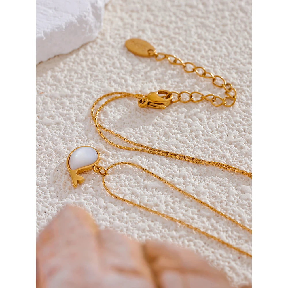 Yhpup Chic High Quality Natural Shell Whale Pendant Necklace Water Resistant Golden Stainless Steel Summer Daily Jewelry New