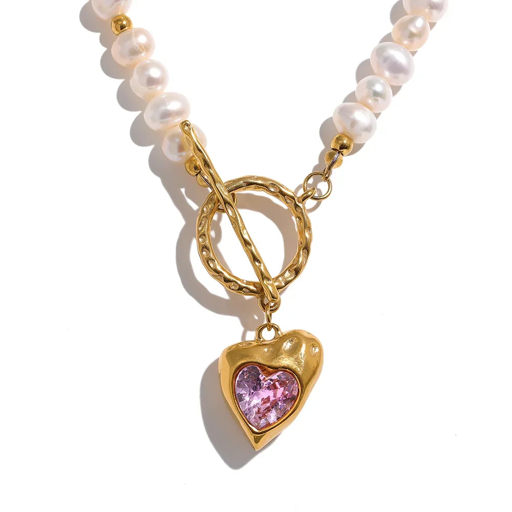 Yhpup Natural Freshwater Pearl Heart Stainless Steel Cubic Zirconia Pendant Necklace Aesthetic Luxury Chain Jewelry Women Gift