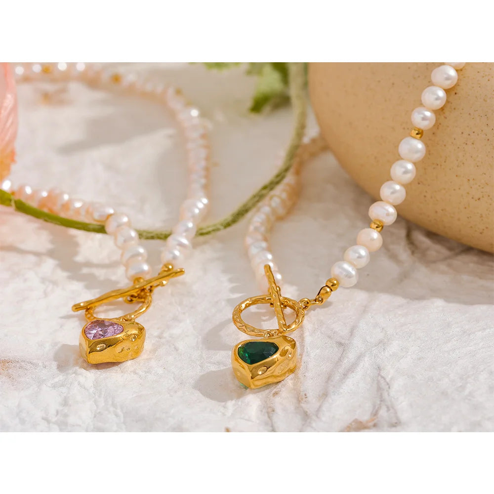 Yhpup Natural Freshwater Pearl Heart Stainless Steel Cubic Zirconia Pendant Necklace Aesthetic Luxury Chain Jewelry Women Gift