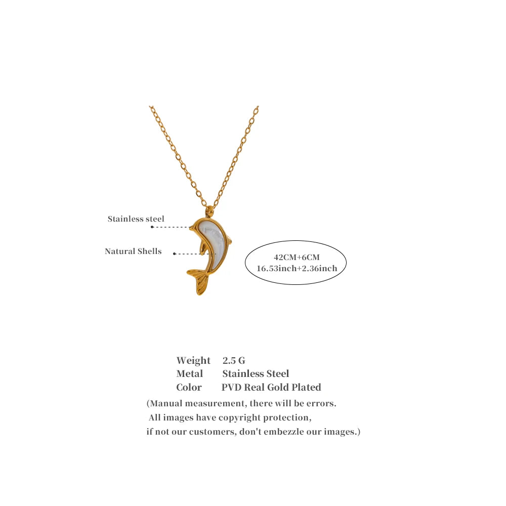 Yhpup Fashion Stainless Steel Natural Shell Dolphin Pendant Necklace Exquisite Classic Element Jewelry Gift