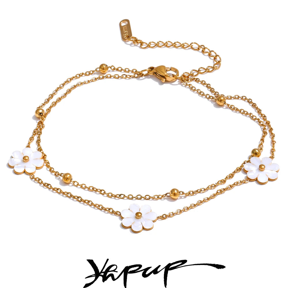 Yhpup Summer Imitation Shell Flower Double Layer Chain Necklace Anklet for Women Trendy Plant Charm Jewelry Bijoux Gift