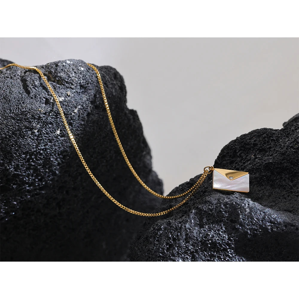 Yhpup Fashion Envelope Natural Shell Pendant Stainless Steel Chic Necklace for Women Stylish 18K PVD Plated Jewelry Bijoux