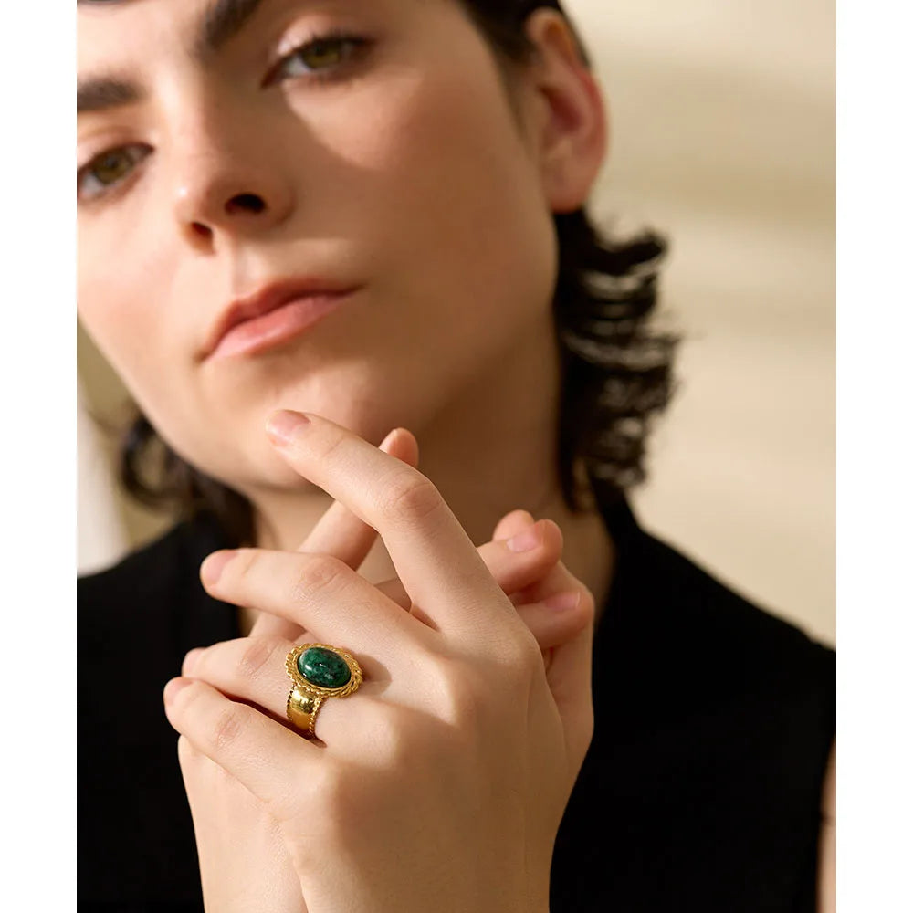 Yhpup Stainless Steel Wide Chunky Ring Inlaid Tiger Natural Stone Jewelry Trend Europe Bijoux Vintage Stylish Statement