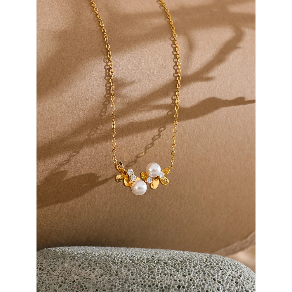 Yhpup Summer Zircon Pearl Flower Collar Necklace Pendant 316L Stainless Steel Chain 18K Gold Color Chic Exclusive Jewelry