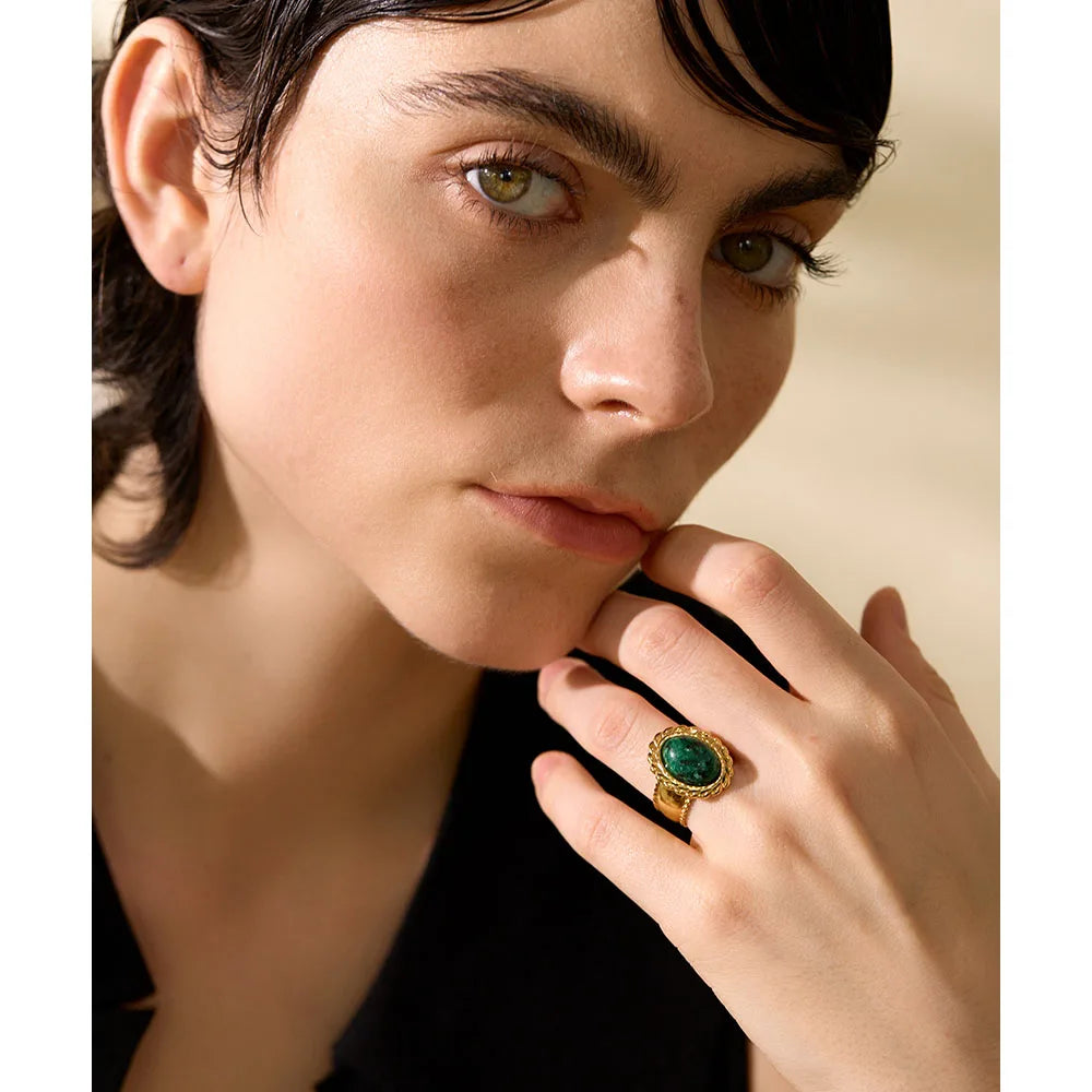 Yhpup Stainless Steel Wide Chunky Ring Inlaid Tiger Natural Stone Jewelry Trend Europe Bijoux Vintage Stylish Statement