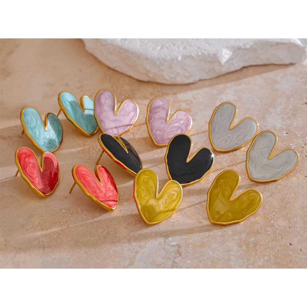 Yhpup Sweet Enamel 3-colors Heart Spring Summer Love Stud Earrings Waterproof Stainless Steel Fashion Y2K Daily Jewelry 2024