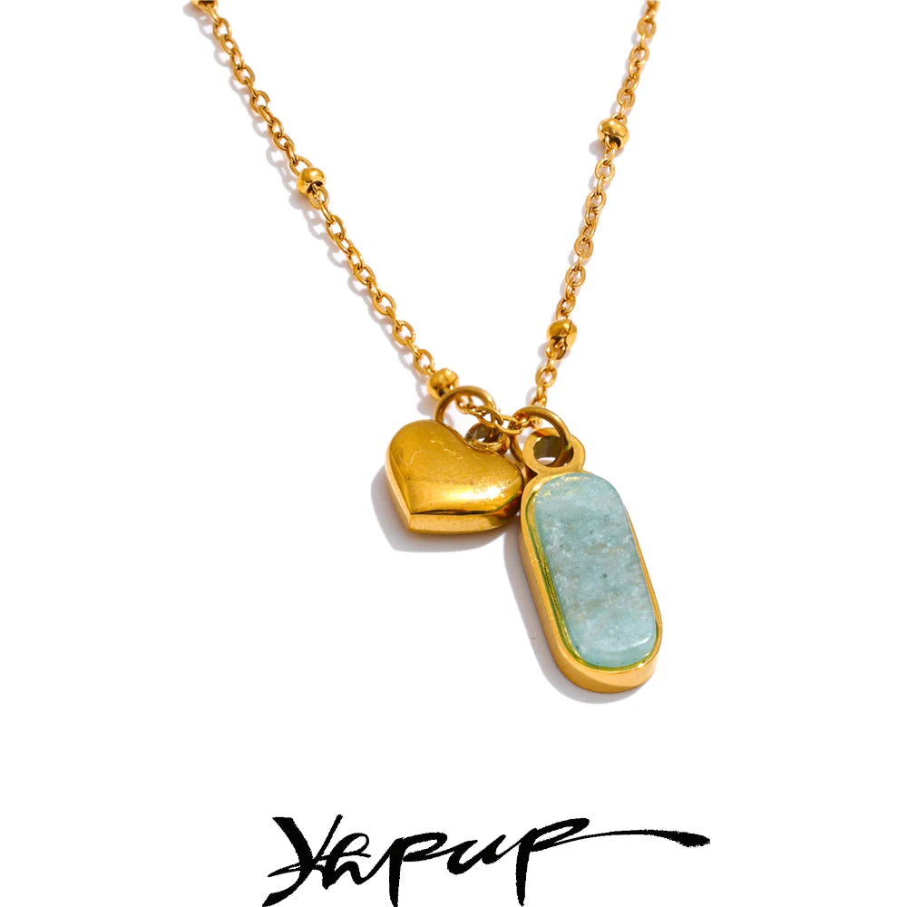 Yhpup Popular Natural Amazonite Stone Heart Oval Drop Necklace Women Stainless Steel Polished Waterproof Fashion Jewelry Gift