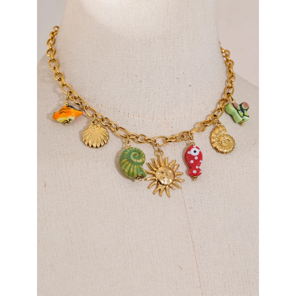 Yhpup Ocean Style Ceramic Conch Fish Butterfly Sun Drop Y2K Handmade Necklace Women Stainless Steel Statement Trending Jewelry