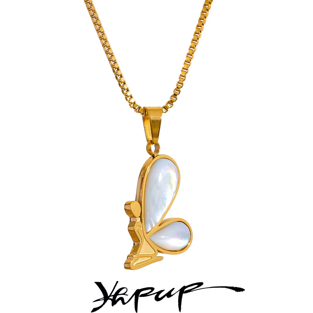 Yhpup Stainless Steel Butterfly Pendant Necklace Inlaid Natural Shell 18K Gold Color Charms Jewelry for Women Waterproof Gift