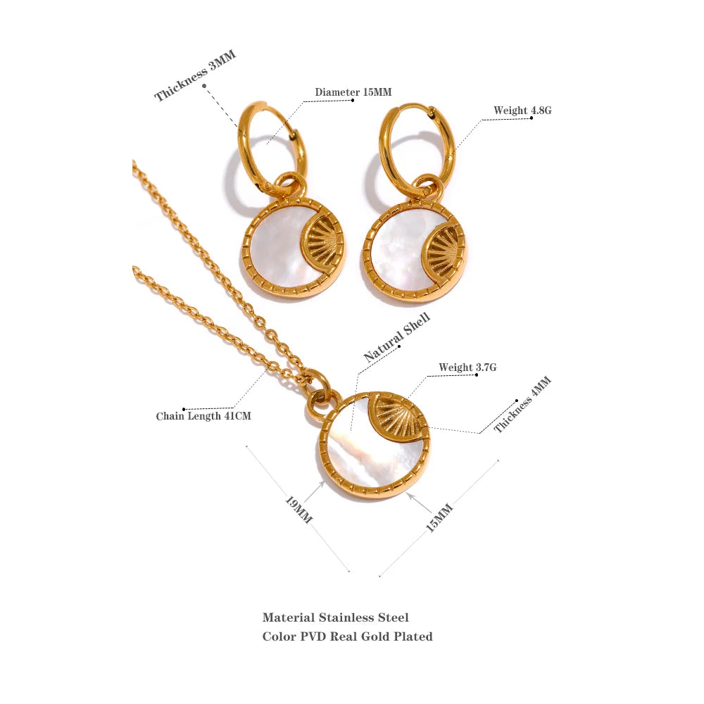 Yhpup Charm Natural Shell Star Moon Round Pendant Drop Stainless Steel Necklace Earrings Jewelry Set for Women Accessories