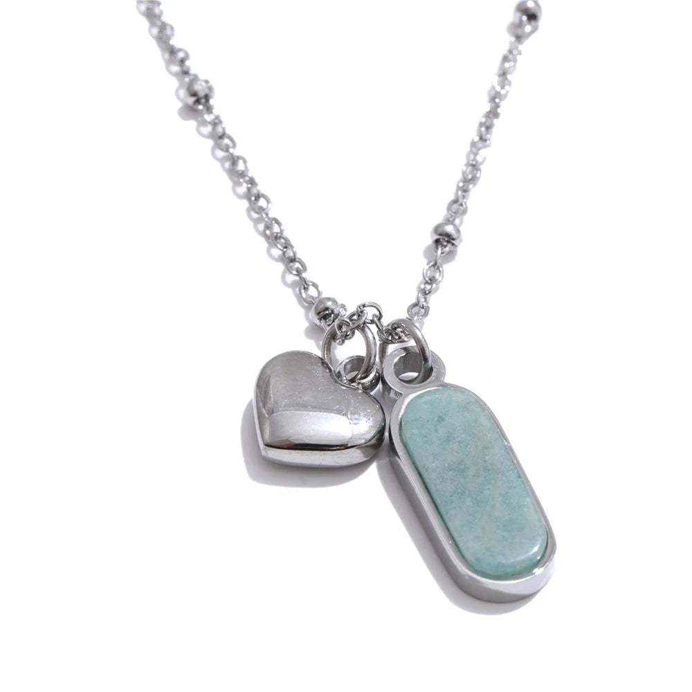 Yhpup Popular Natural Amazonite Stone Heart Oval Drop Necklace Women Stainless Steel Polished Waterproof Fashion Jewelry Gift