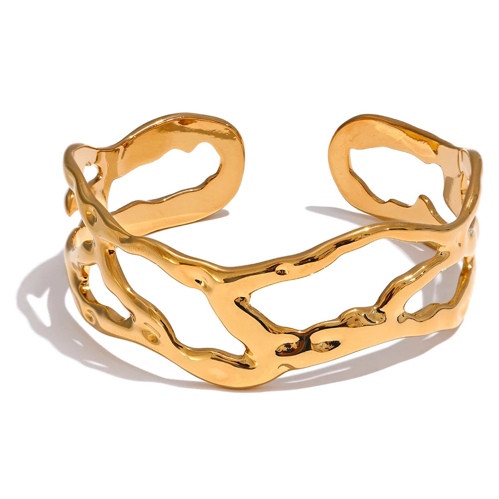 Yhpup Stylish Unique Design Stainless Steel Metal Hollow Wide Cuff Bracelet Bangle Texture Rust Proof 18K PVD Plated Jewelry