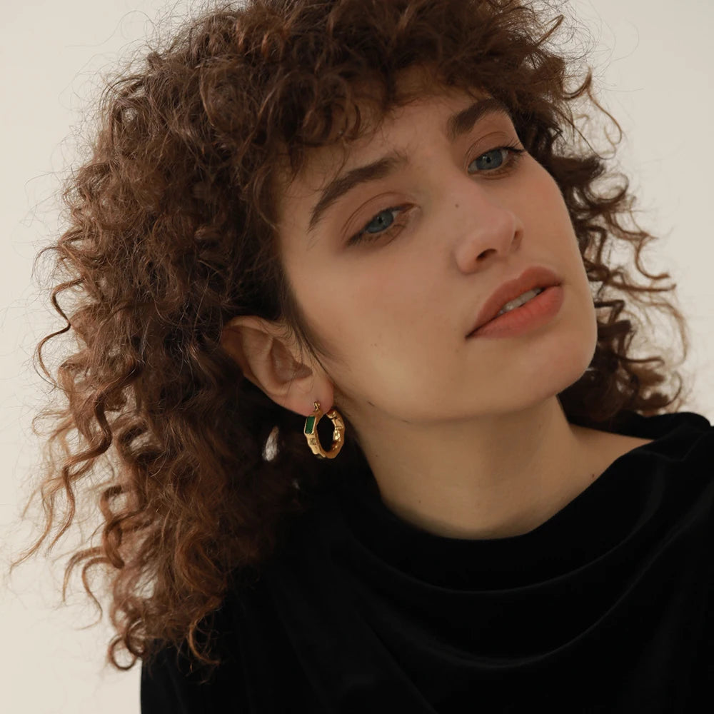 Yhpup Stainless Steel Cubic Zirconia Green CZ Textured Metal Hoop Earrings Jewelri for Woman Korean Temperament ZA Earring