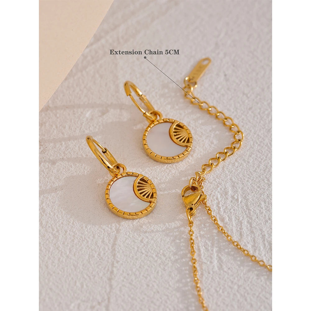 Yhpup Charm Natural Shell Star Moon Round Pendant Drop Stainless Steel Necklace Earrings Jewelry Set for Women Accessories