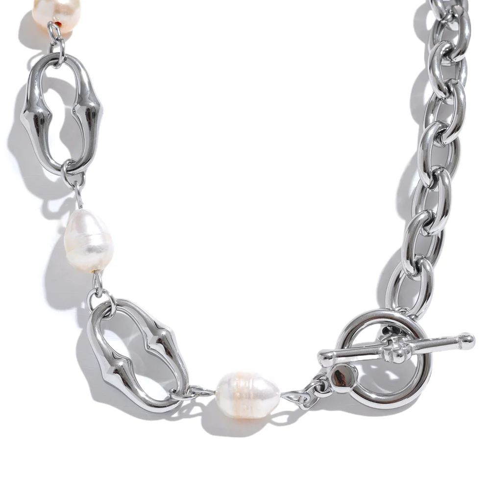 Yhpup 316l Stainless Steel Natural Pearl Chain Toggle-Clasps Bracelet Bangle for Women Elegant Fashion Jewelry Bijoux Waterproof