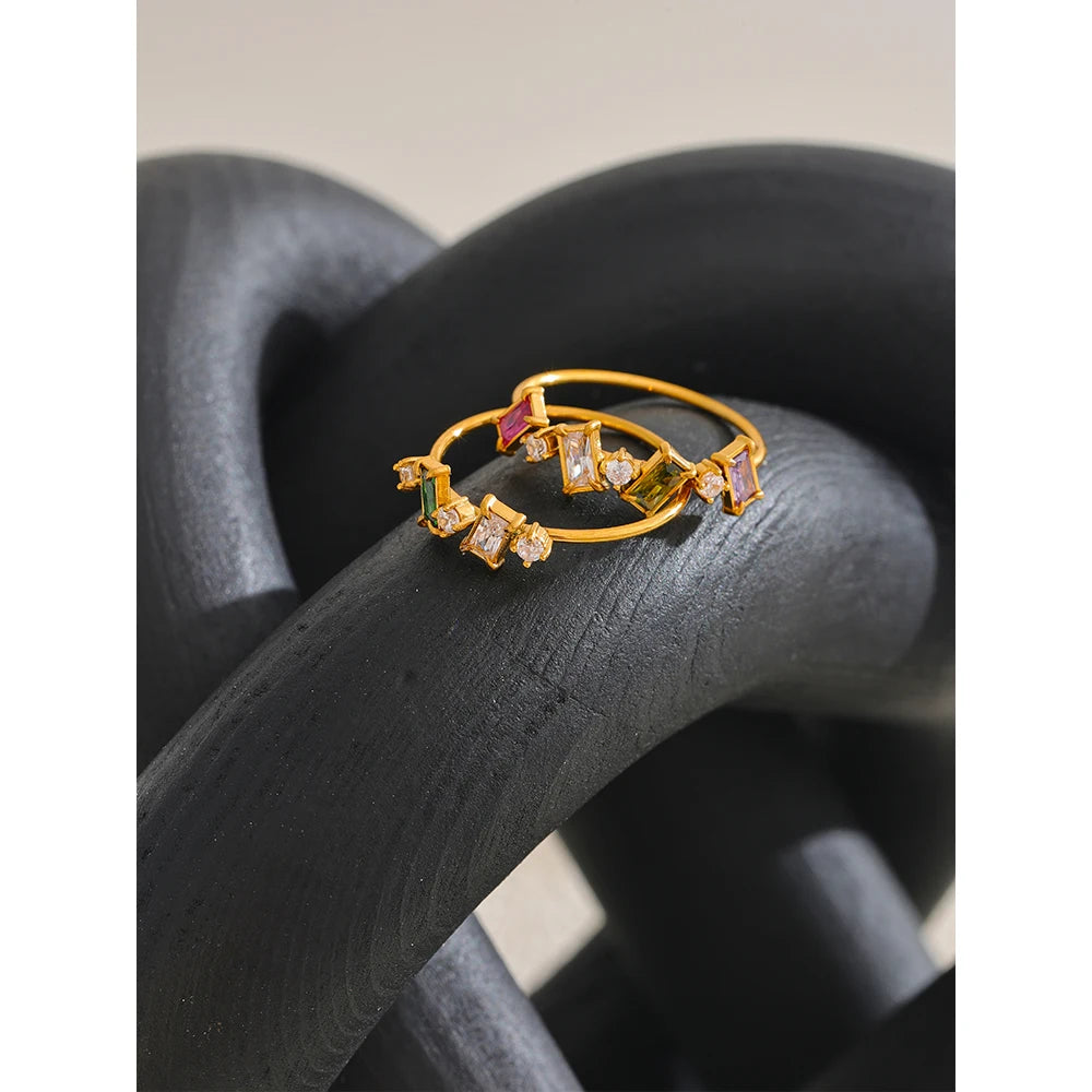 Yhpup Chic Bling Colorful Cubic Zirconia Thin Fashion Ring 2024 Waterproof Stainless Steel Trendy Exquisite Finger CZ Jewelry