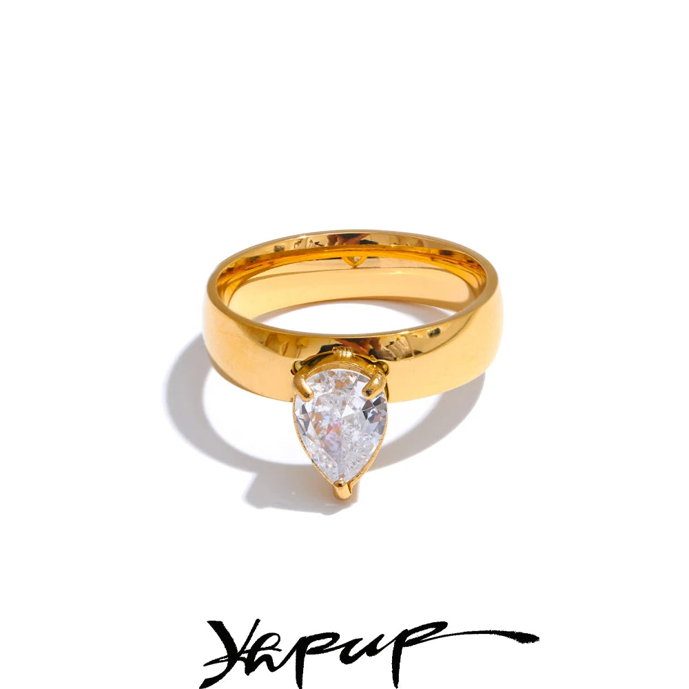 Yhpup AAA Shiny Cubic Zirconia Water Drop Geometric Golden Ring High Quality Delicate Smooth Jewelry Accessories for Women Gift