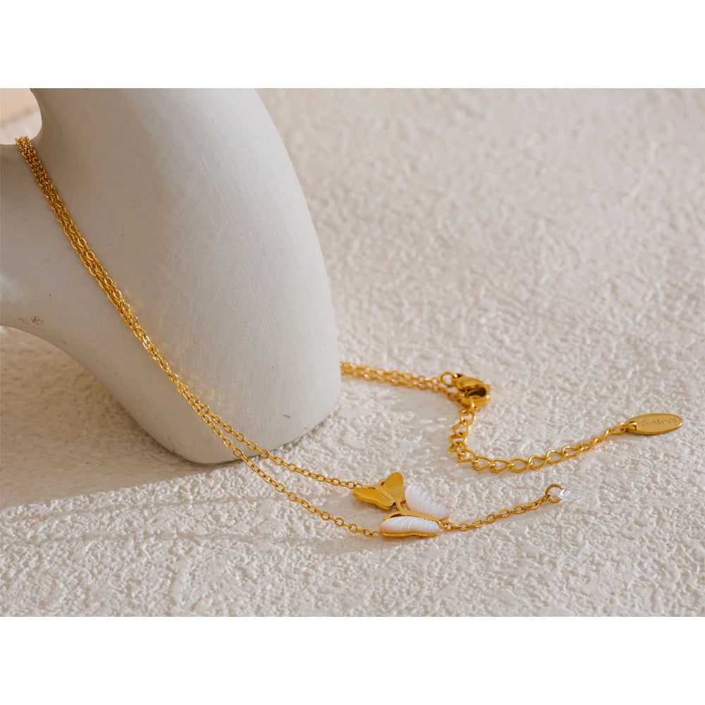 Yhpup Natural Thick Shell Fashion Chic Necklace Butterfly Pendant Korean Jewelry Real Gold PVD Plated for Women Exquisite Gift