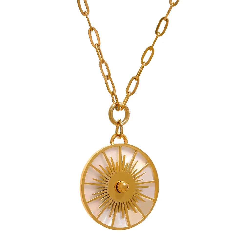 Yhpup Big Round Geometric Short Chain Statement Necklace Stainless Steel Golden Shell Fashion Vintage Pendant Collier PVD-Plated