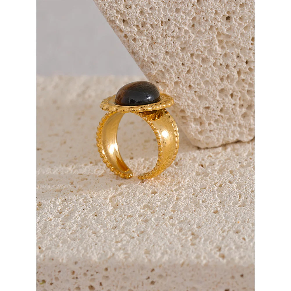 Yhpup Stainless Steel Wide Chunky Ring Inlaid Tiger Natural Stone Jewelry Trend Europe Bijoux Vintage Stylish Statement