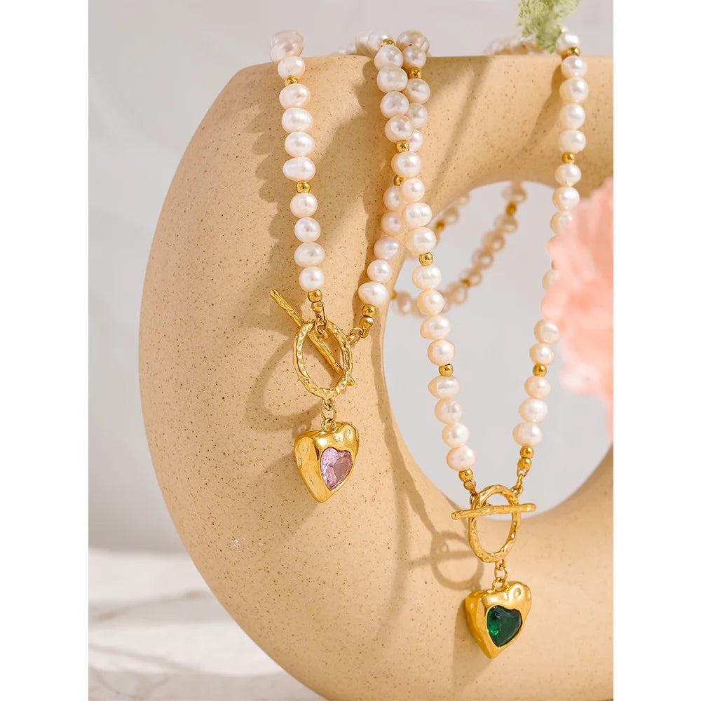 Yhpup Natural Freshwater Pearl Heart Stainless Steel Cubic Zirconia Pendant Necklace Aesthetic Luxury Chain Jewelry Women Gift