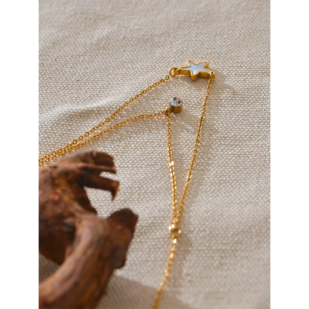 Yhpup Fashion Natural Shell CZ Star Double Layer Pendant Stacking Chic Necklace Gold Color Chain Stainless Steel Collar Jewelry