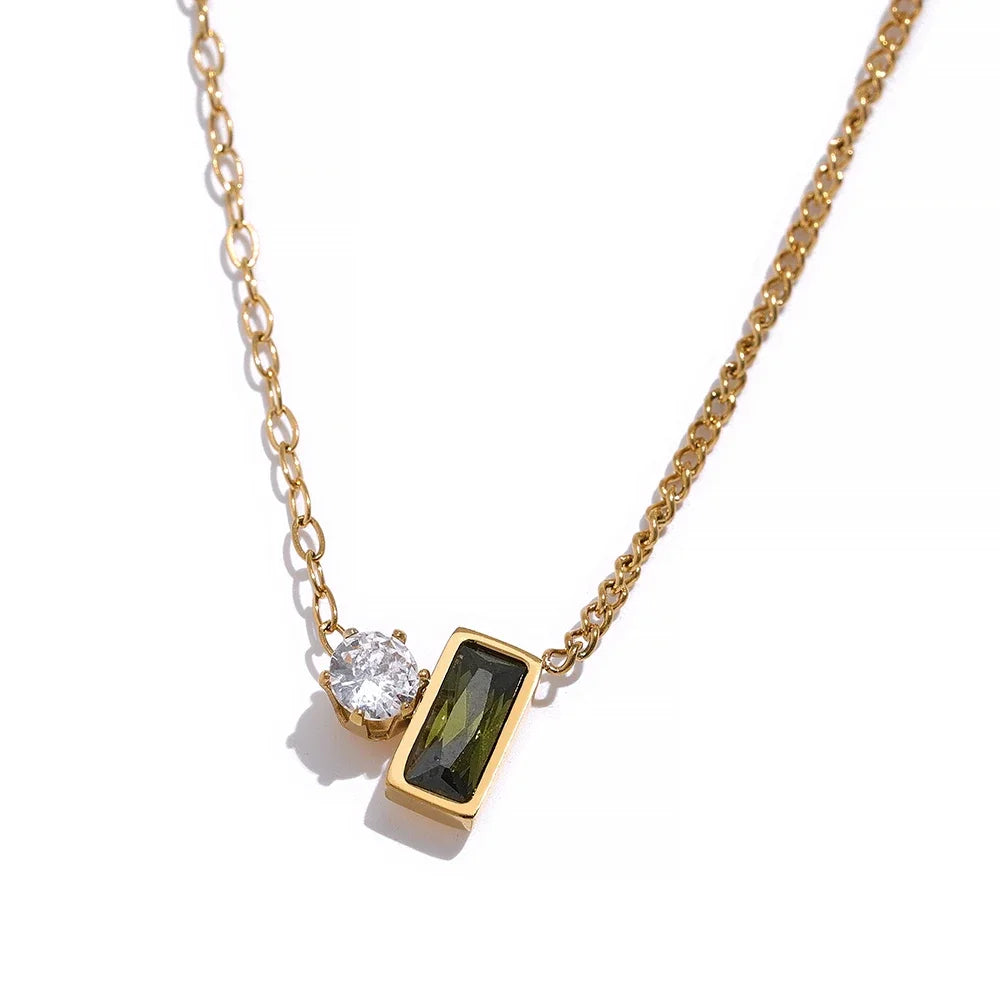 Yhpup Stainless Steel Olive Green Cubic Zirocnia Chic Pendant Necklace for Women Minimalist Charm Korean Fashion Collar Jewelry