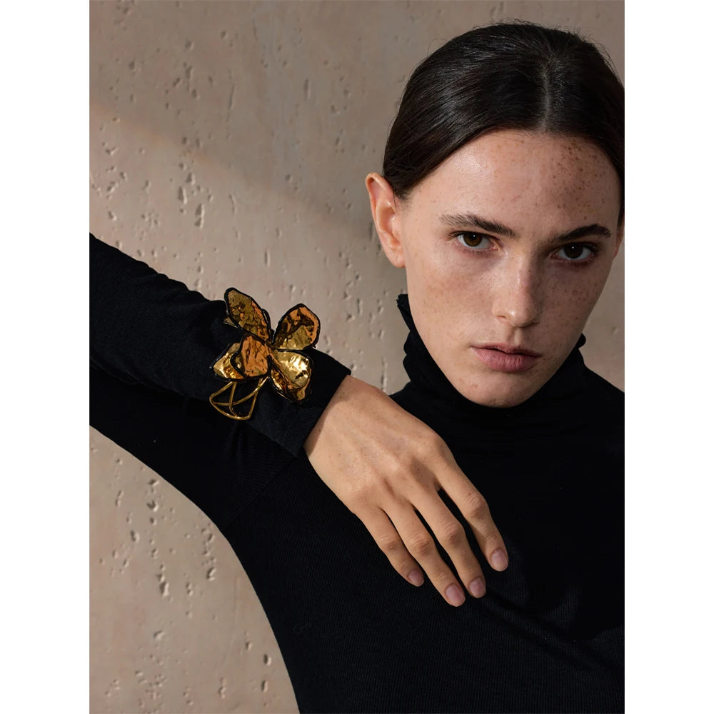 Yhpup Exclusive Stainless Steel 18K Gold Plated Fashion Large Flower Exaggerated Open Bracelet Bangle Personalized Jewelry Gift