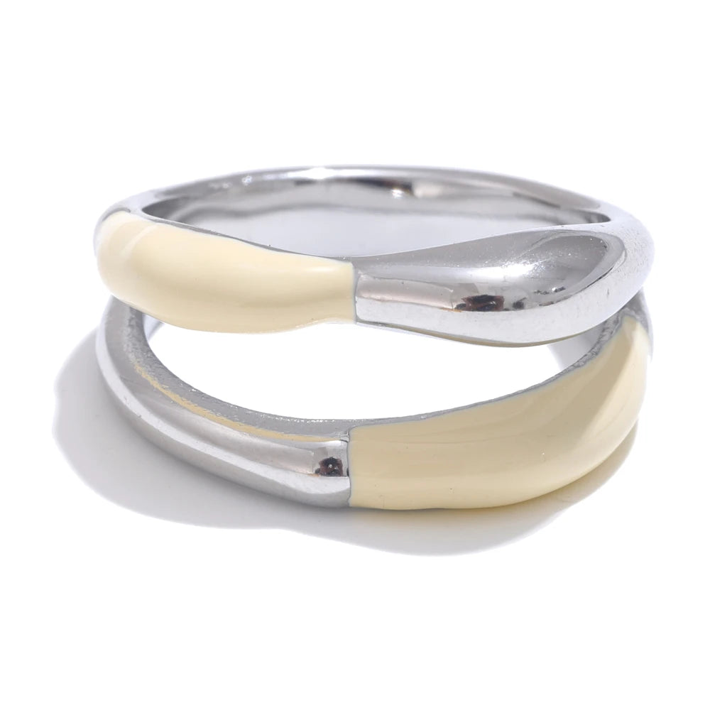 Yhpup Stainless Steel Exquisite Ring Beige Enamel Fashion 18k Gold Platinum PVD Plated Daily Finger Jewelry Bijoux for Women