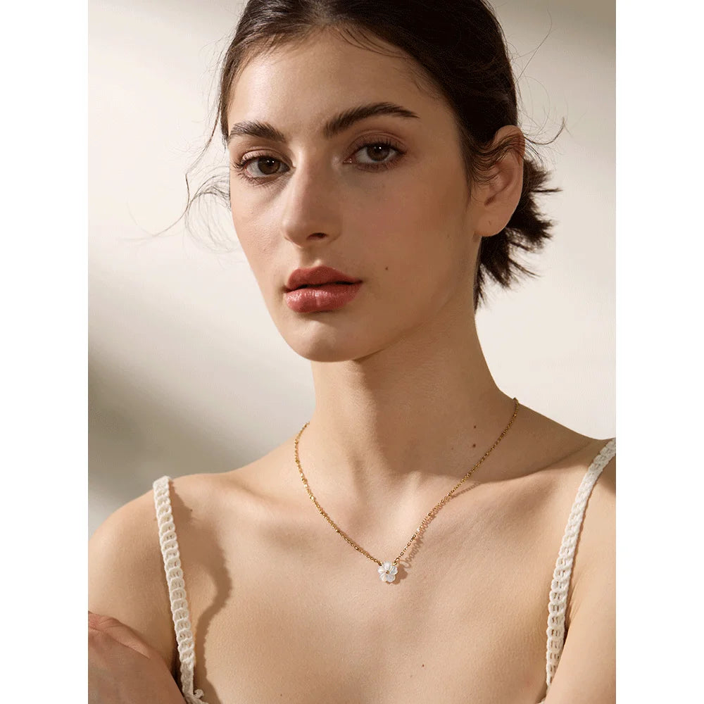 Yhpup Chic Fashion Natural Shell Flower Pendant Necklace Gift Stainless Steel Exquisite Chain Gold Color Premium Jewelry Bijoux
