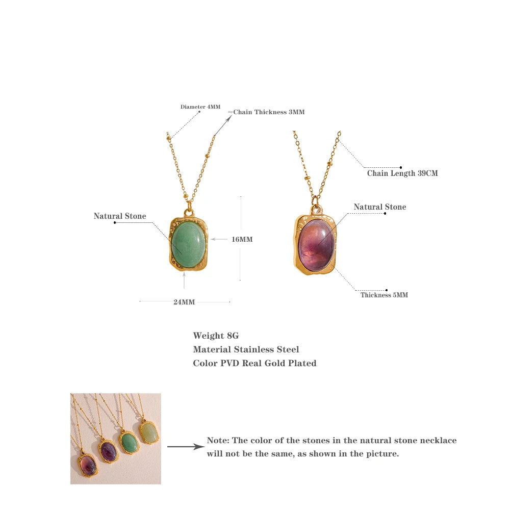 Yhpup Natural Stone Square Pendant Stainless Steel Necklace Amethyst Green Aventurine Charm Fashion Collar Jewelry Women