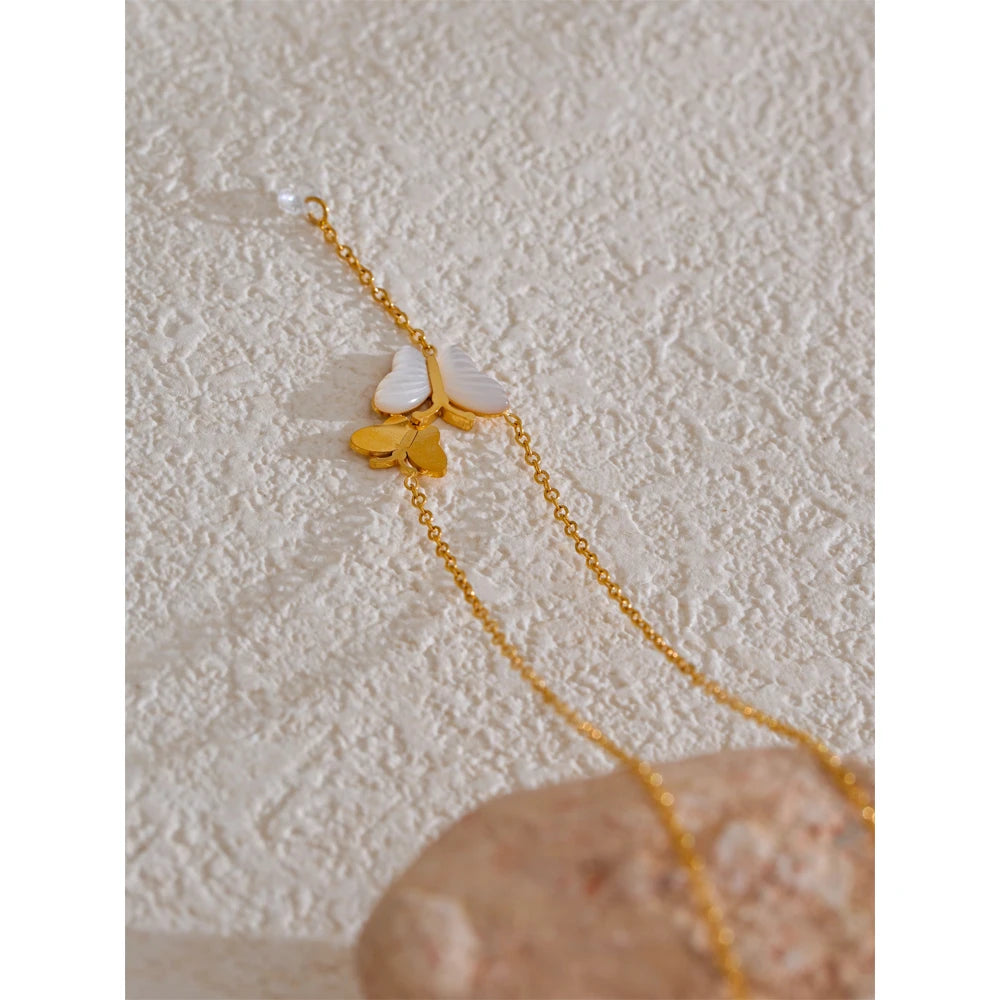 Yhpup Natural Thick Shell Fashion Chic Necklace Butterfly Pendant Korean Jewelry Real Gold PVD Plated for Women Exquisite Gift