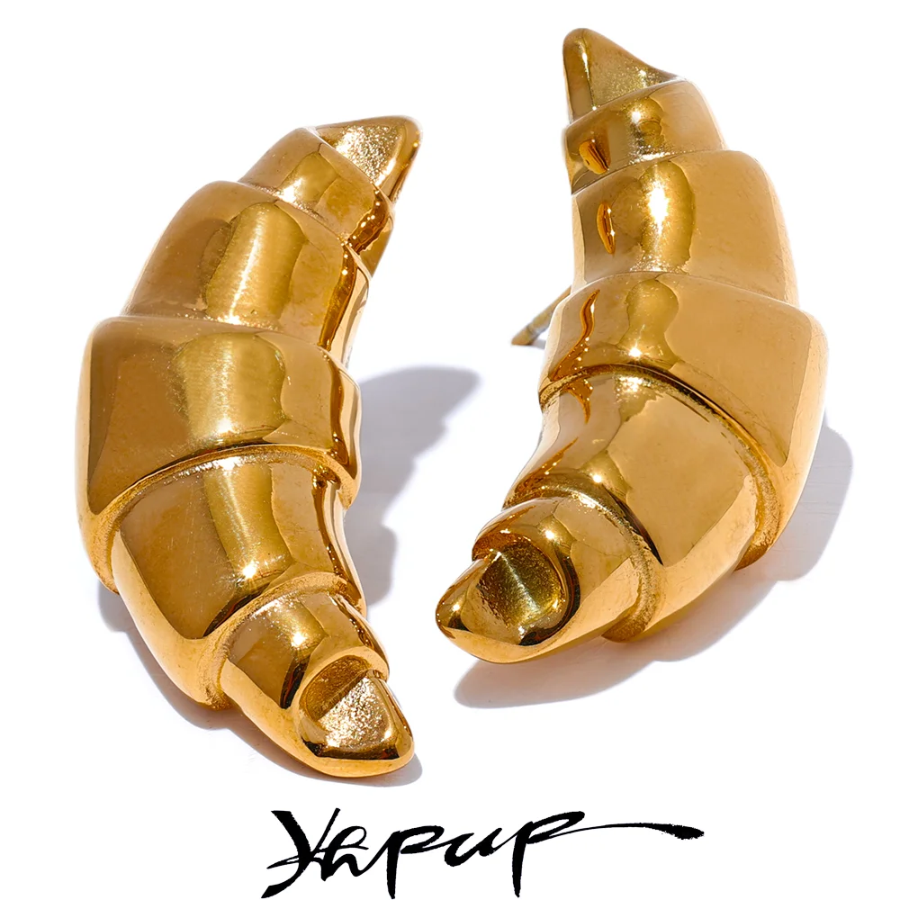 Yhpup 316l Stainless Steel Croissant Stud Earrings Women Metal Vintage 18K Gold Plated Rust Proof Statement Fashion Jewelry Gift