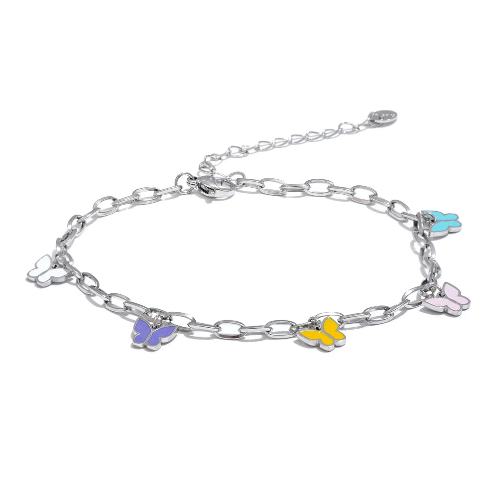 Yhpup 2024 Summer Stainless Steel Enamel Butterfly Drop Chain Anklet for Women Waterproof 18K PVD Plated Fashion Jewelry