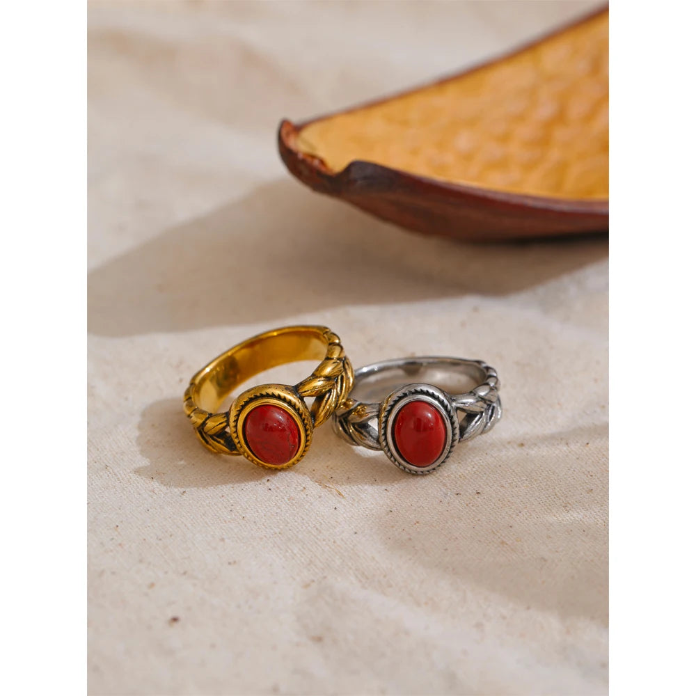 Yhpup Retro Stainless Steel Red Gold Color Smearing Black Natural Stone Ring 18K PVD Plated Rust Proof Vintage Finger Jewelry