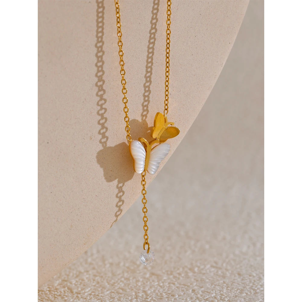 Yhpup Natural Thick Shell Fashion Chic Necklace Butterfly Pendant Korean Jewelry Real Gold PVD Plated for Women Exquisite Gift