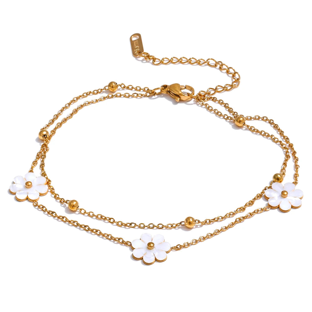 Yhpup Summer Imitation Shell Flower Double Layer Chain Necklace Anklet for Women Trendy Plant Charm Jewelry Bijoux Gift