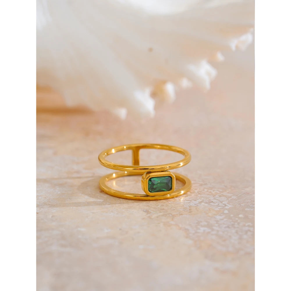 Yhpup Stainless Steel Double Layer Hollow Green Cubic Zirconia Fashion Ring Exquisite Rust Proof 18K Gold Color Finger Jewelry