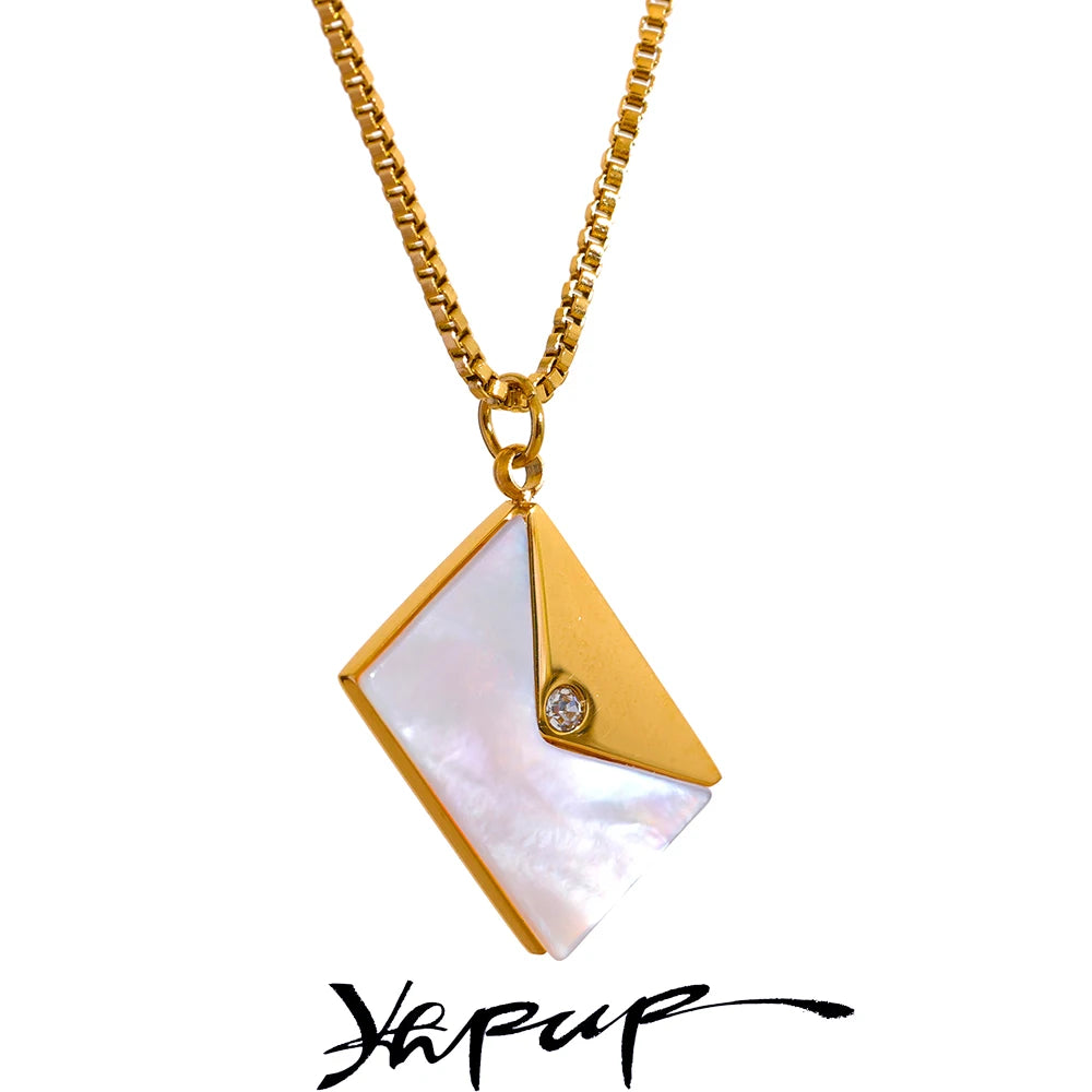Yhpup Fashion Envelope Natural Shell Pendant Stainless Steel Chic Necklace for Women Stylish 18K PVD Plated Jewelry Bijoux