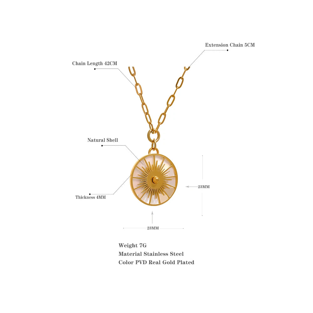 Yhpup Big Round Geometric Short Chain Statement Necklace Stainless Steel Golden Shell Fashion Vintage Pendant Collier PVD-Plated