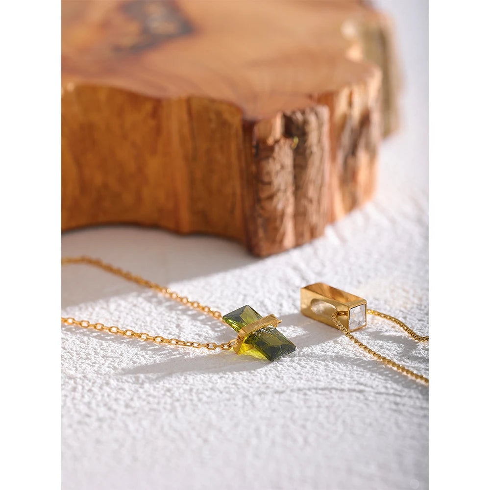 Yhpup Stainless Steel Olive Green Cubic Zirocnia Chic Pendant Necklace for Women Minimalist Charm Korean Fashion Collar Jewelry