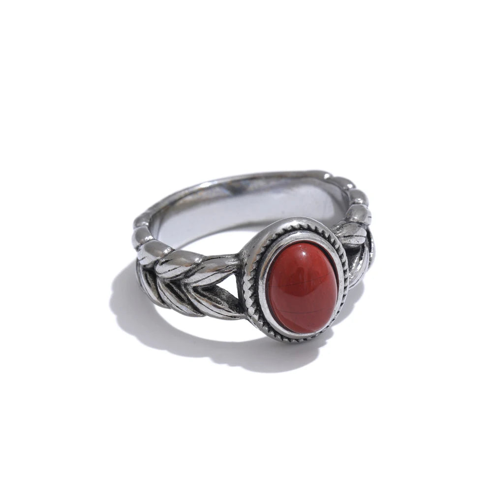 Yhpup Retro Stainless Steel Red Gold Color Smearing Black Natural Stone Ring 18K PVD Plated Rust Proof Vintage Finger Jewelry