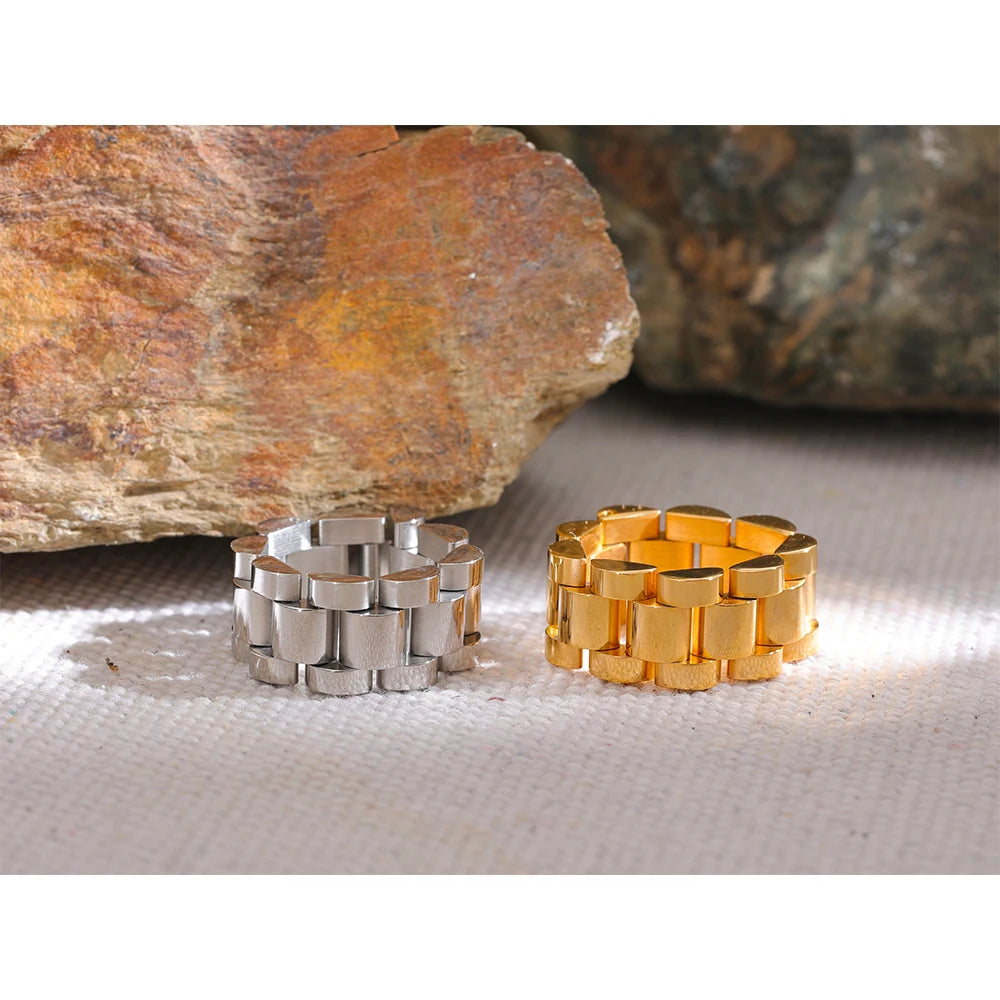 Yhpup New Waterproof Stainless Steel Chain Finger Ring Personalized Metal Texture Rust Proof Charm Fashion Jewelry for Women