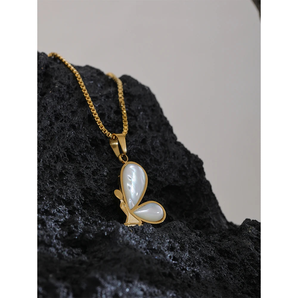 Yhpup Stainless Steel Butterfly Pendant Necklace Inlaid Natural Shell 18K Gold Color Charms Jewelry for Women Waterproof Gift