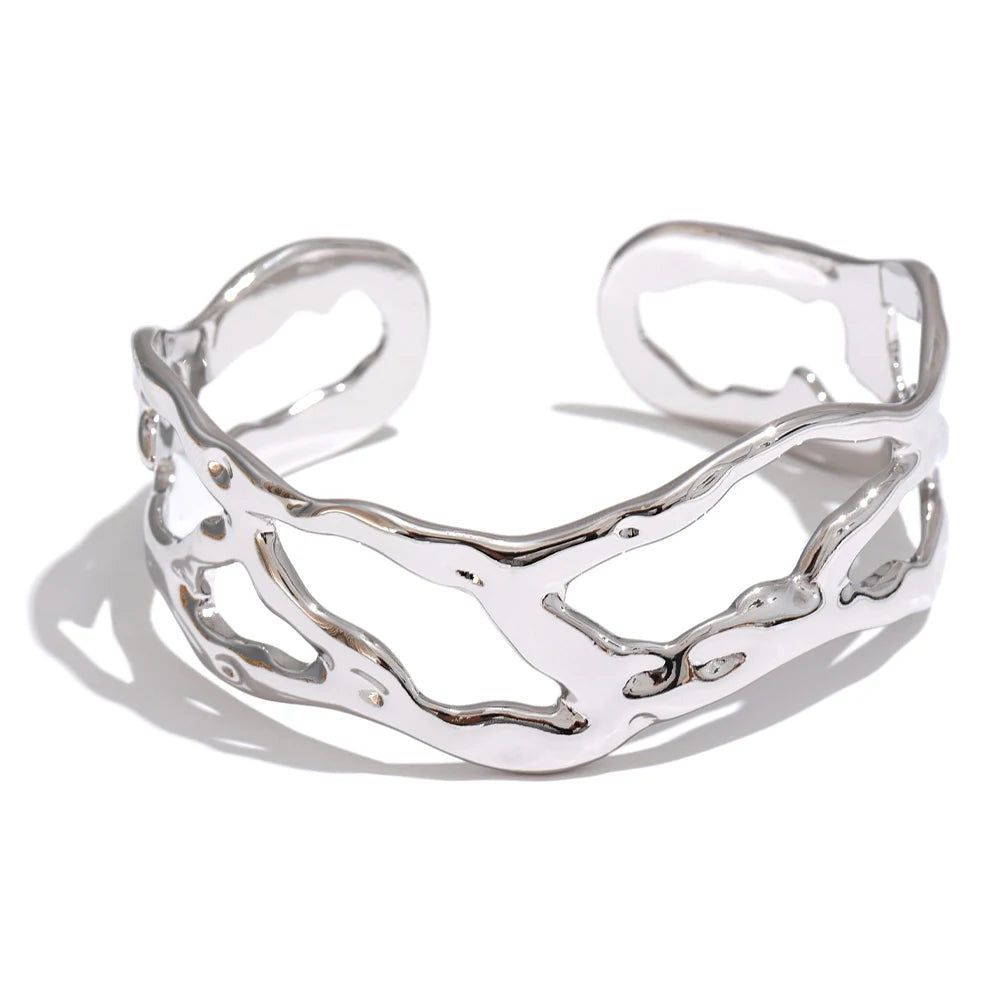 Yhpup Stylish Unique Design Stainless Steel Metal Hollow Wide Cuff Bracelet Bangle Texture Rust Proof 18K PVD Plated Jewelry