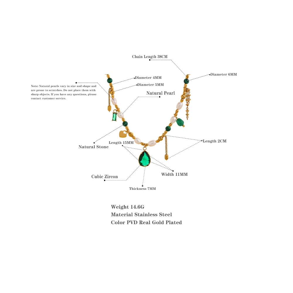 Yhpup Luxury Bling Green Cubic Zirconia Pendant Natural Pearl Stone Chain Necklace Fashion Stainless Steel Handmade Jewelry