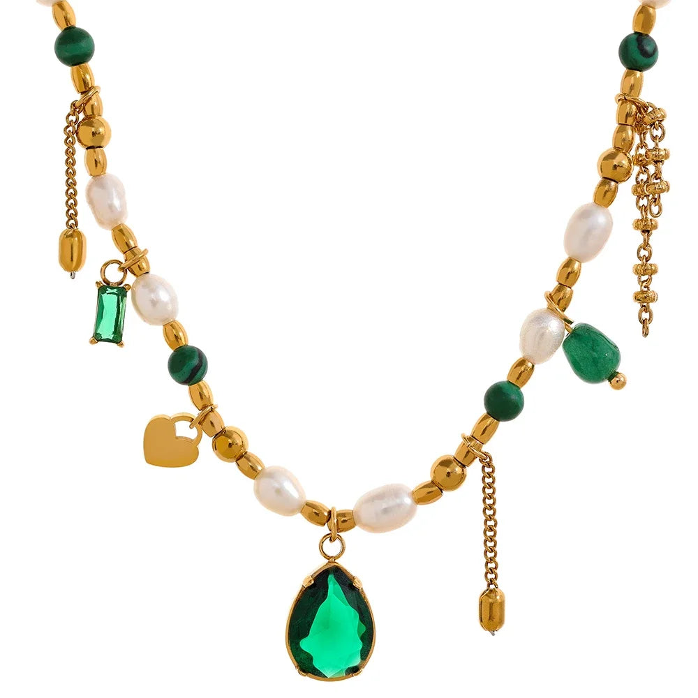 Yhpup Luxury Bling Green Cubic Zirconia Pendant Natural Pearl Stone Chain Necklace Fashion Stainless Steel Handmade Jewelry