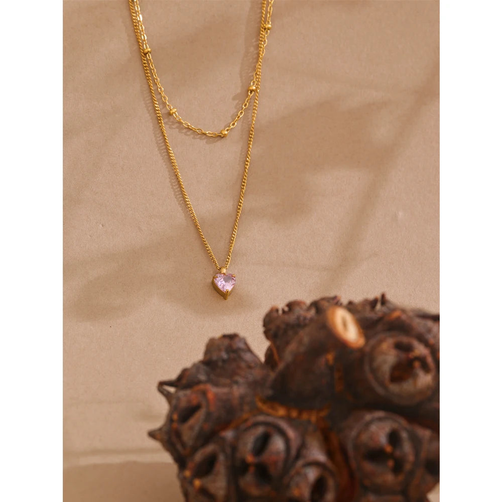 Yhpup Chic Stainless Steel Double-Layer Stacking Chain Pink Zircon Heart Pendant Necklace Delicate Style High-Grade Jewelry