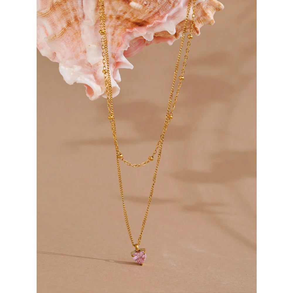 Yhpup Chic Stainless Steel Double-Layer Stacking Chain Pink Zircon Heart Pendant Necklace Delicate Style High-Grade Jewelry